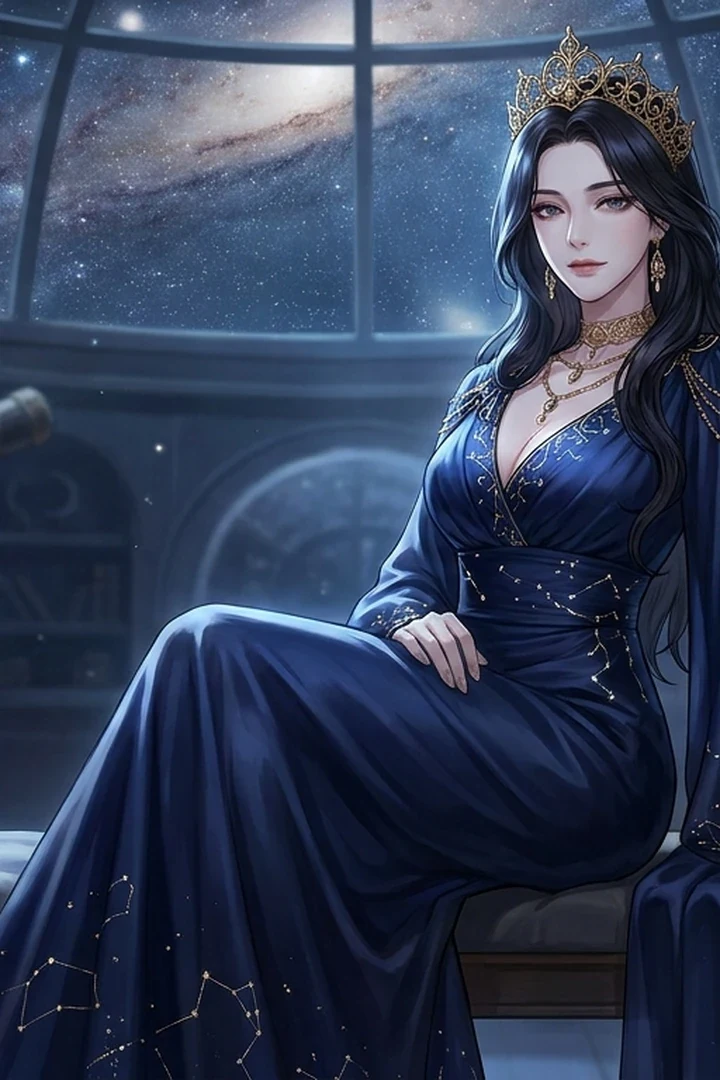 Celestial queen illustration showing the descriptive tag vocabulary in use
