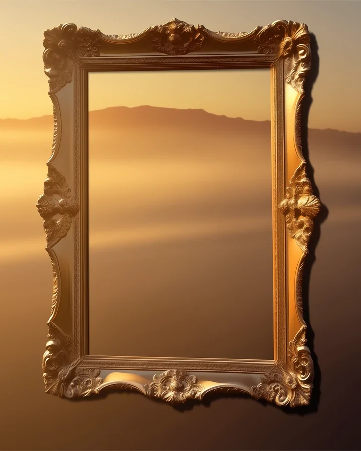 An empty picture frame over a wide landscape, illustrating reframing