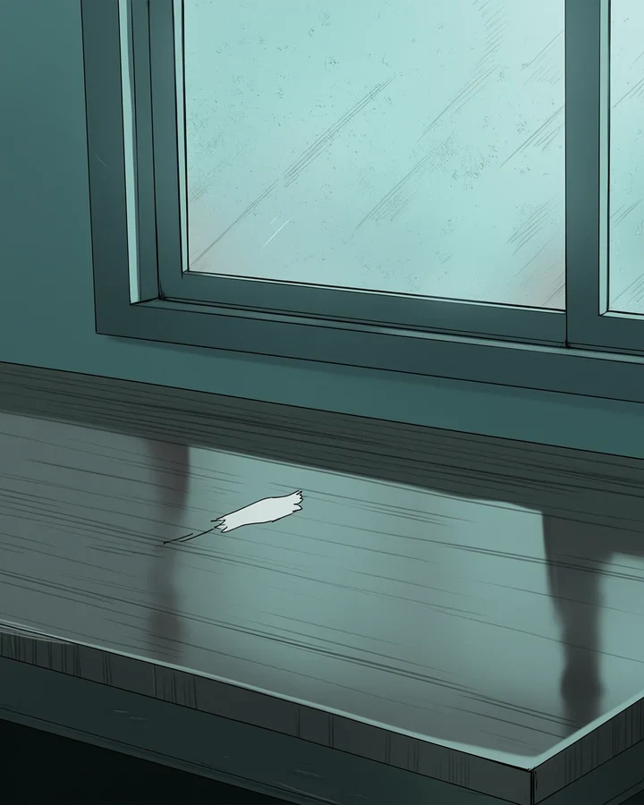 A table by a rainy window with a clean patch where an object was removed
