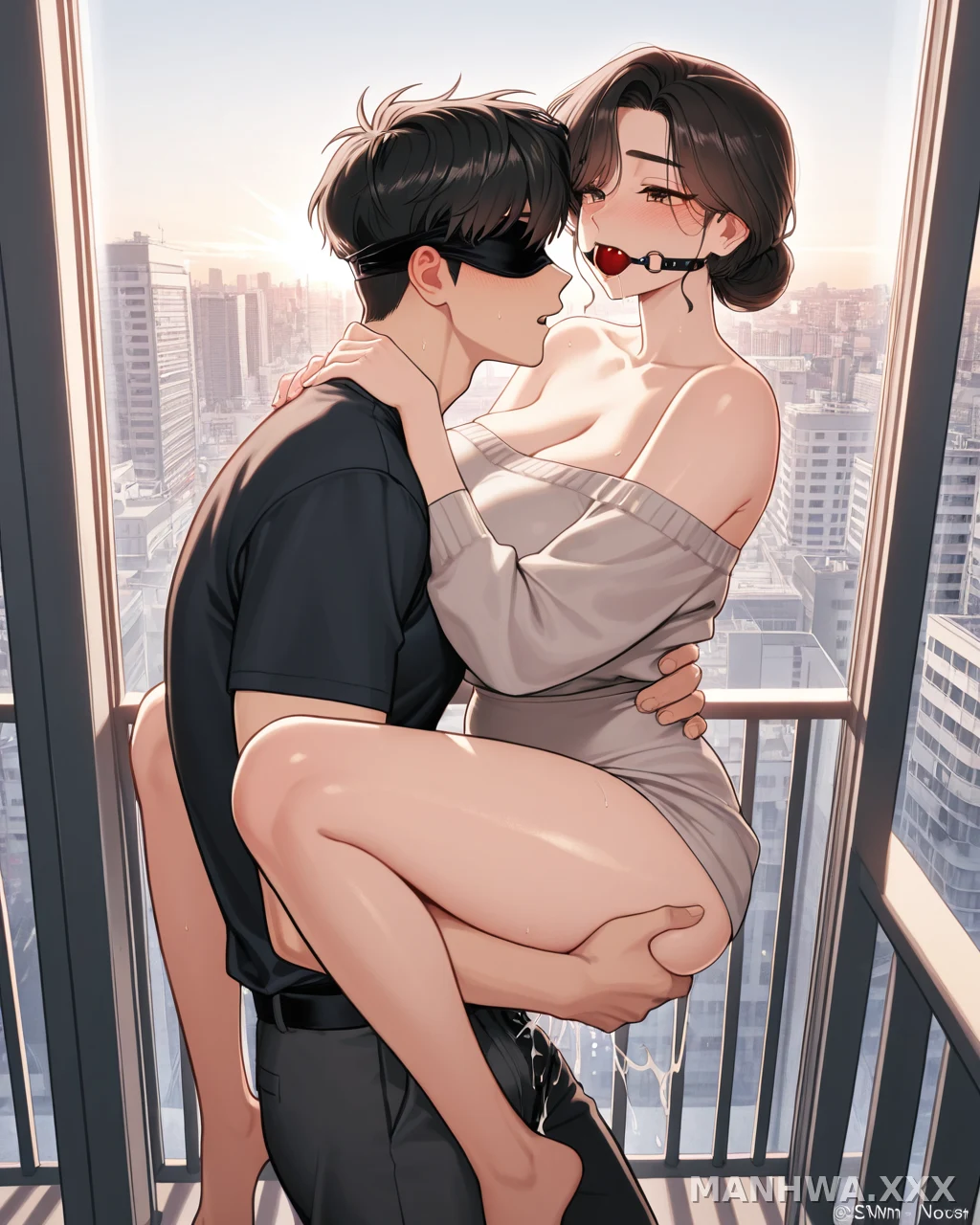 A man in a black shirt and blindfold kisses a woman in a beige dress with a red gag on her lips as she clings to him on a high-rise balcony overlooking a cityscape at sunset.