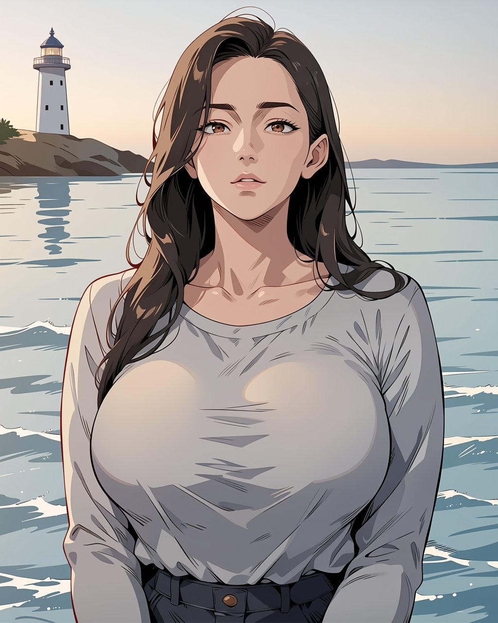 A woman in ocean water with a lighthouse in the background at sunset