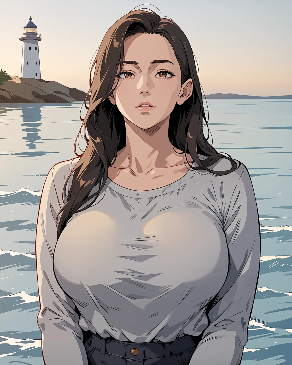 A woman with long dark hair stands in shallow ocean water as a lighthouse glows softly on a distant rocky shore at sunset.