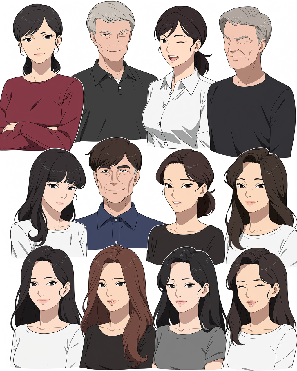 Ten anime-style character portraits in a grid showing various ages and