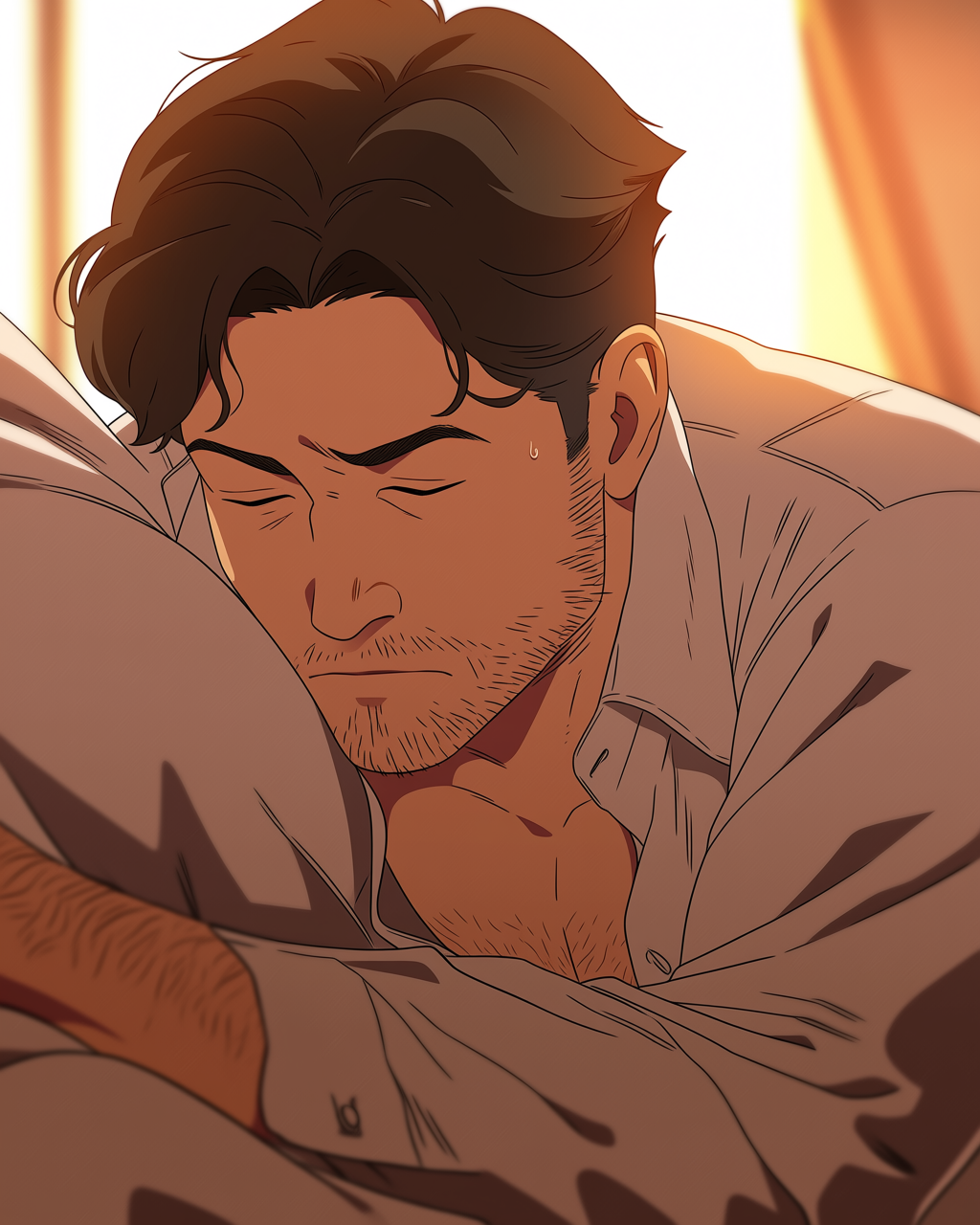A man sleeping in bed with sunlight streaming through curtains