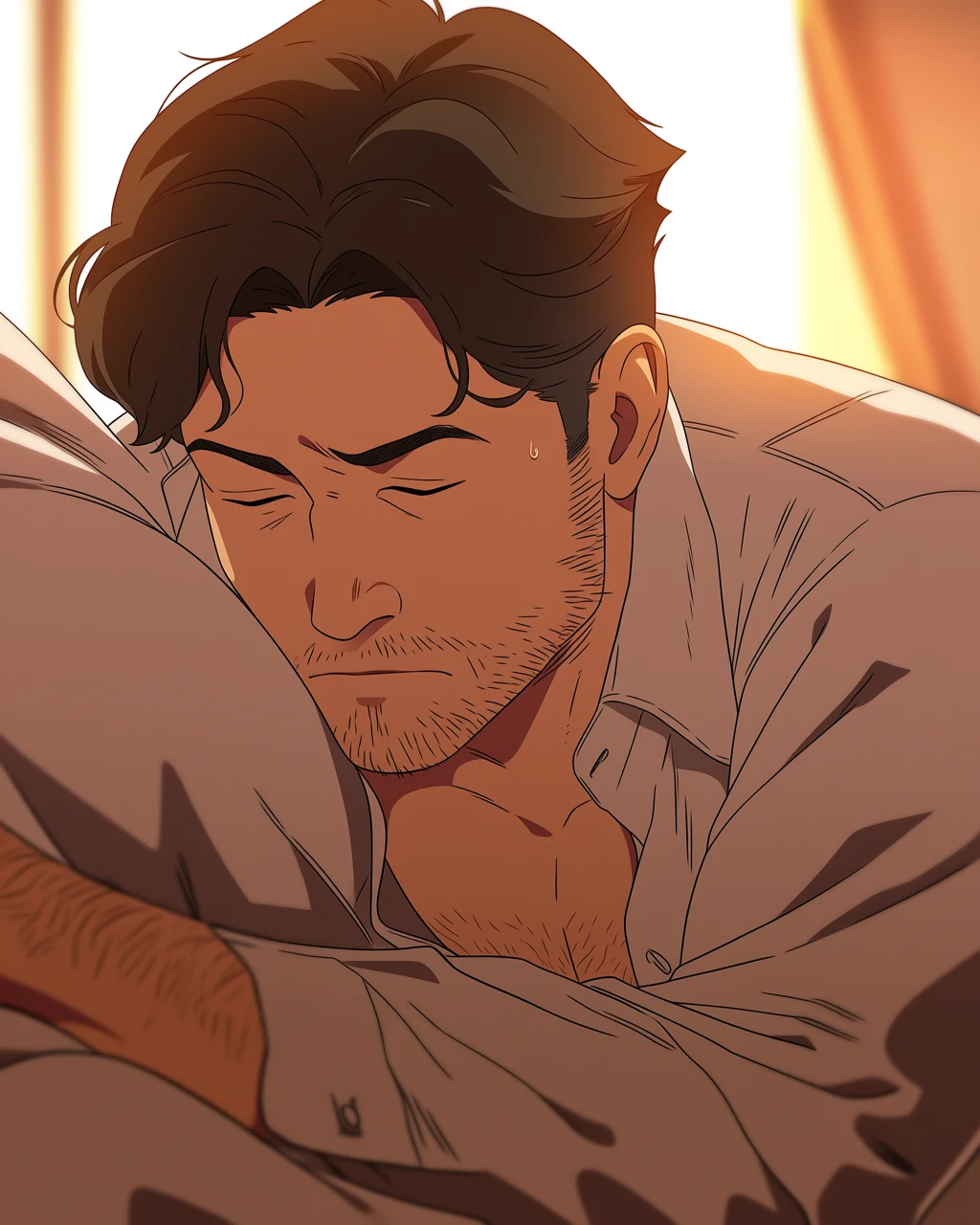 A man with dark hair and stubble sleeps peacefully in bed under warm golden sunlight streaming through curtains.