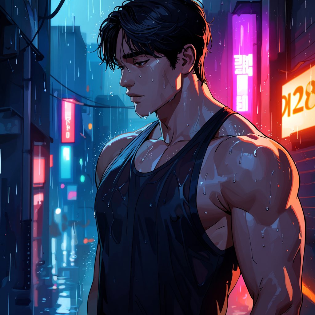 A wet muscular man in a black tank top stands in a neon-lit rainy alley