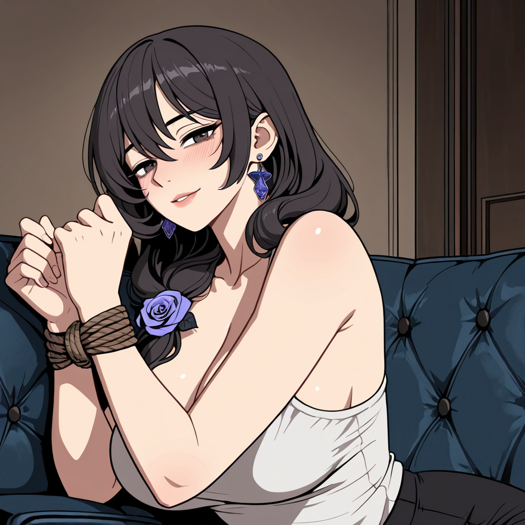 Anime woman with dark hair and purple rose hairpin sits on blue tufted