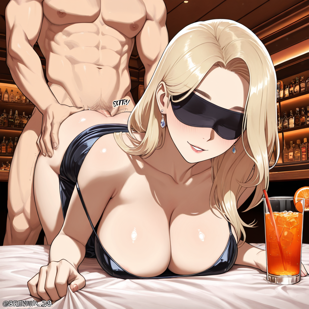 Blonde woman in black latex bikini and blindfold reclines on bed