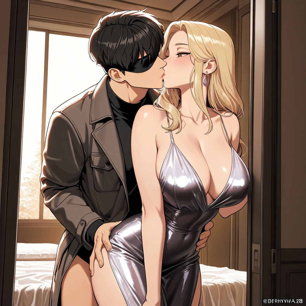 A masked man kisses a blonde woman in a silver dress in a bedroom