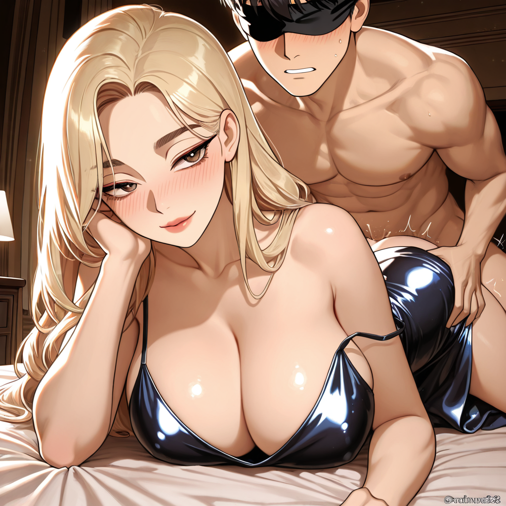 Blonde woman in black shiny bra lying on bed with masked muscular man