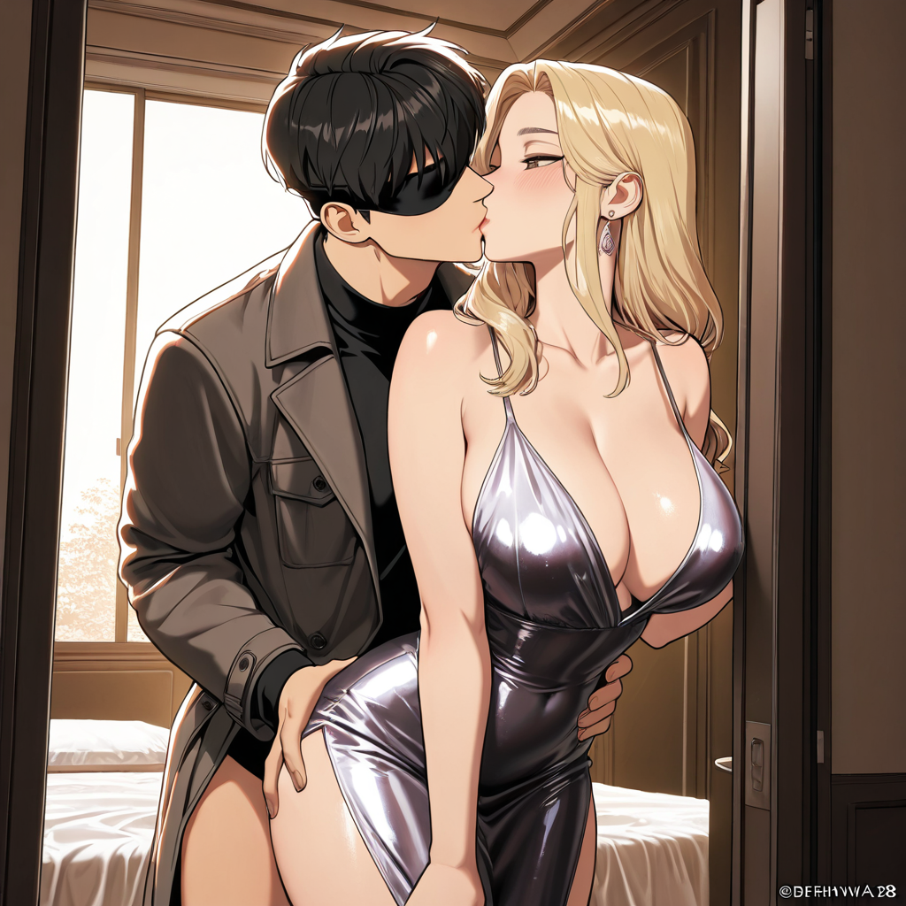 A masked man kisses a blonde woman in a silver dress in a bedroom