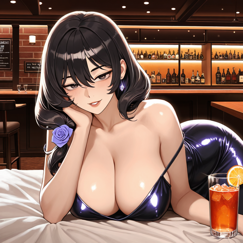 A woman with black hair and a purple rose in her hair lounges on a bed