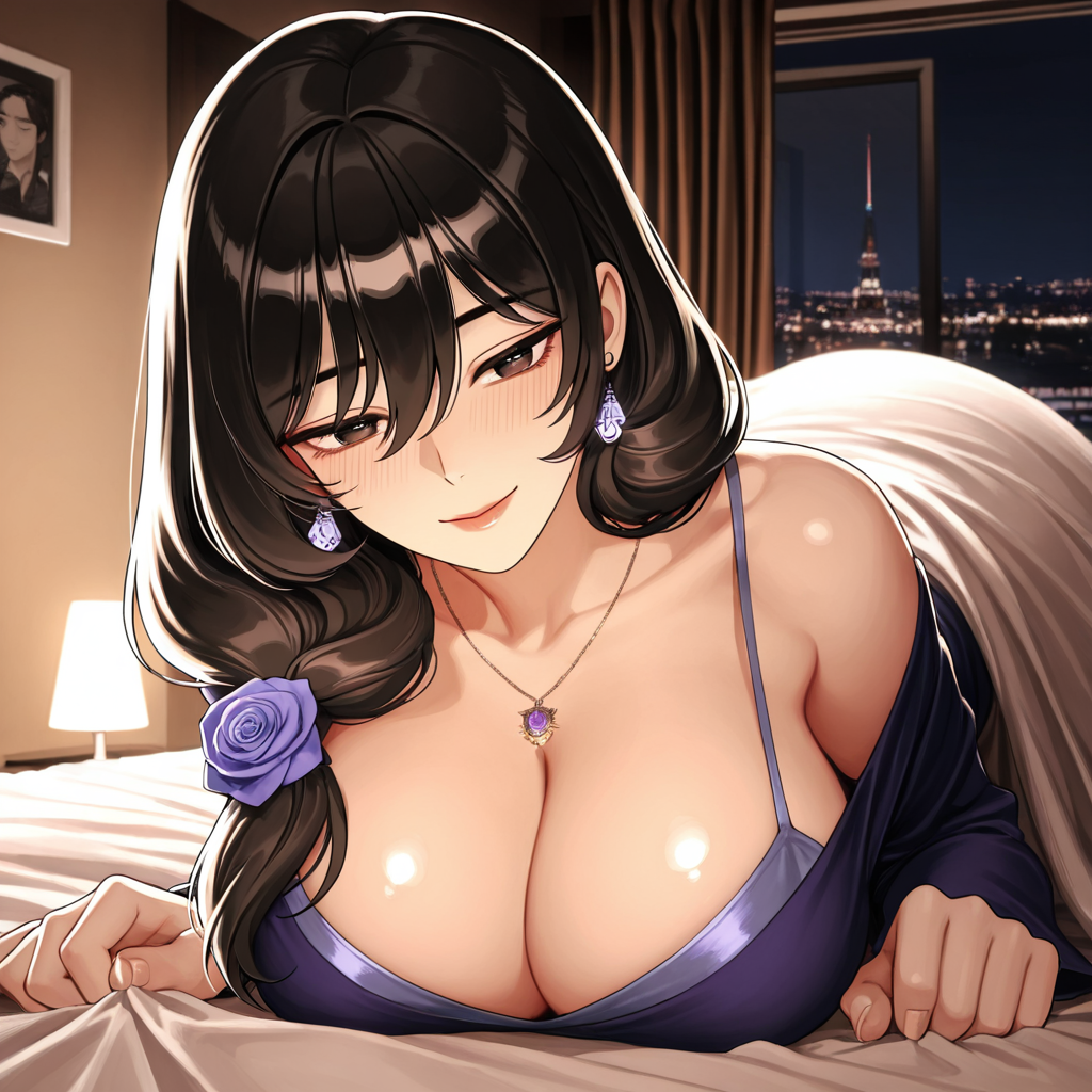 Anime woman in purple lingerie lounging on bed with city view at night