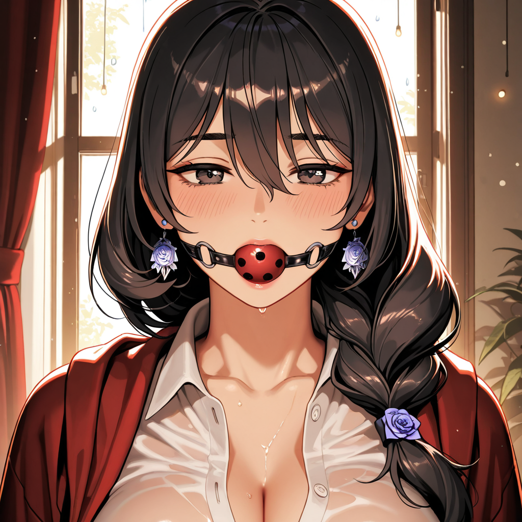 Young woman with dark hair and rose earrings wearing a red ladybug gag