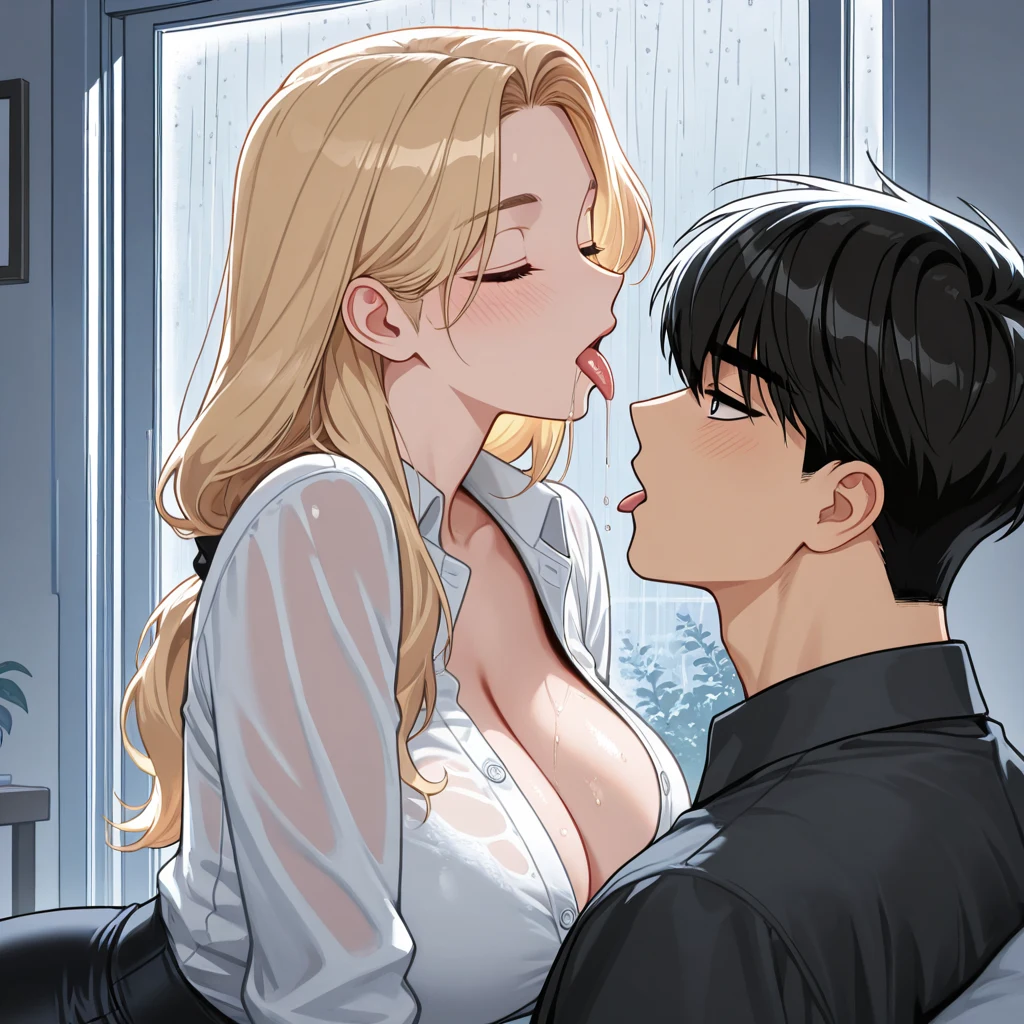 A blonde woman in a wet white shirt leans in to kiss a black-haired man in a dark shirt near a rainy window.