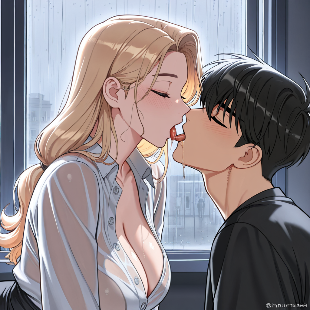 A blonde woman kisses a black-haired man near a rainy window