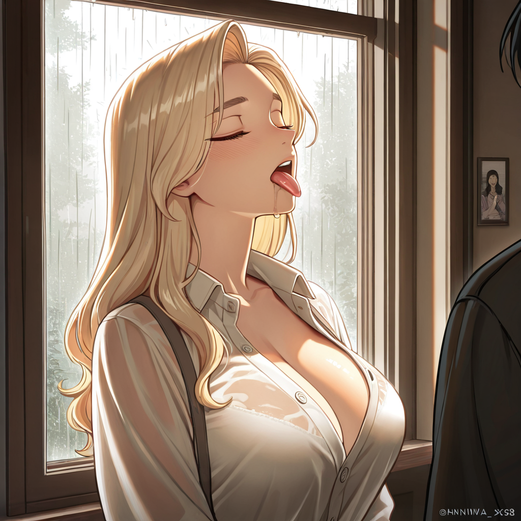 Blonde anime woman in white shirt by rainy window with tongue out eyes