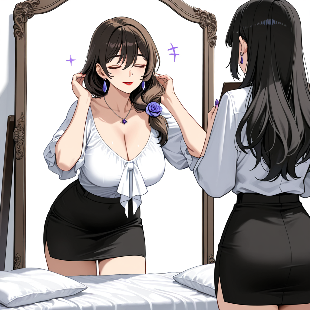 Woman admiring herself in mirror wearing white blouse and black skirt