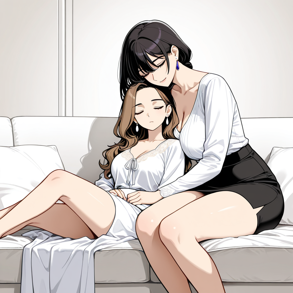 Two anime women cuddling on a white couch in cozy indoor setting