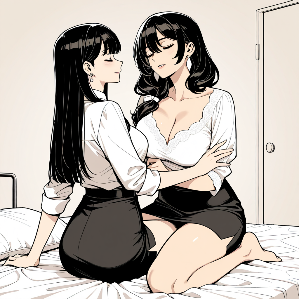 Two women in white shirts and black skirts sitting closely on a bed