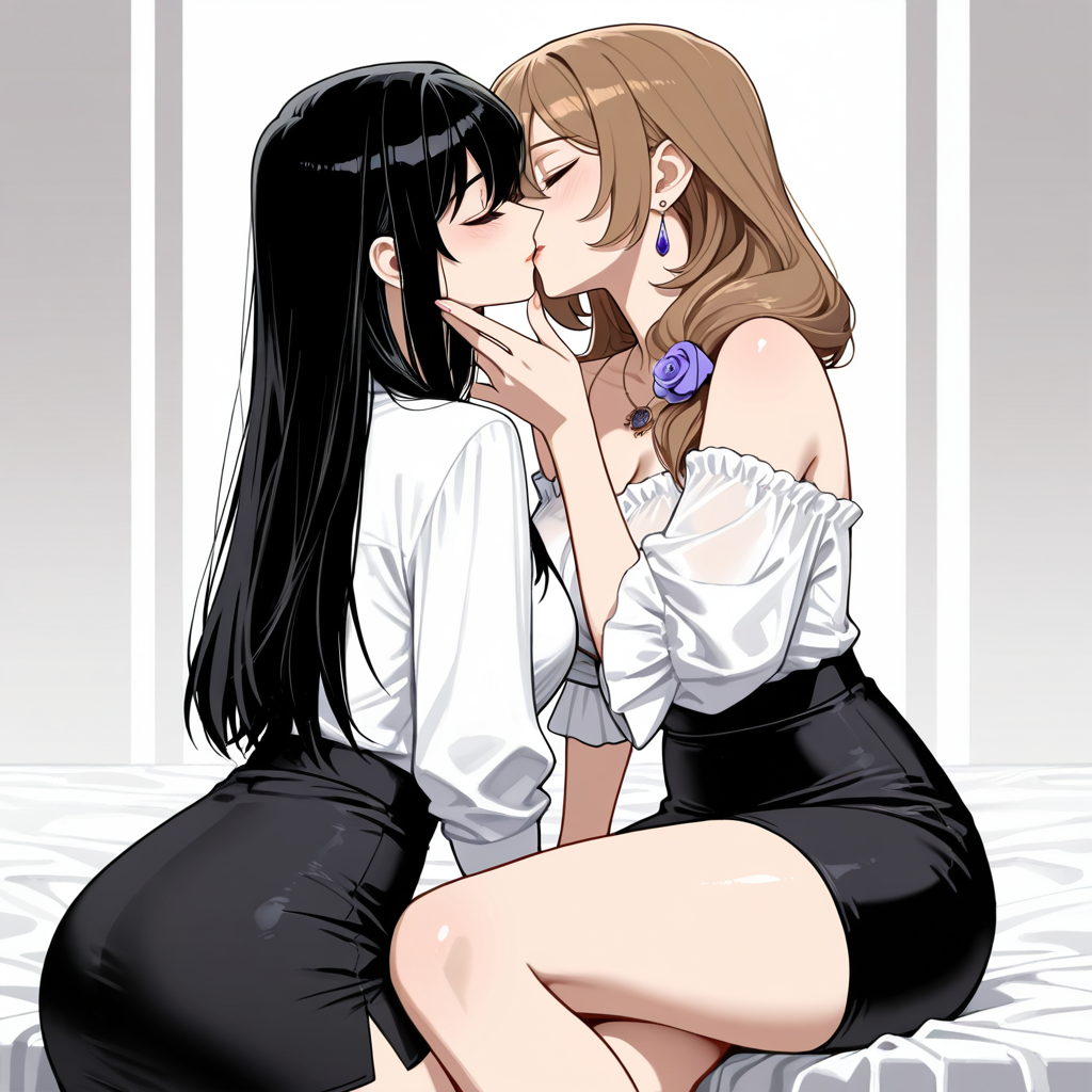 Two anime girls kiss on a bed wearing white tops and black skirts