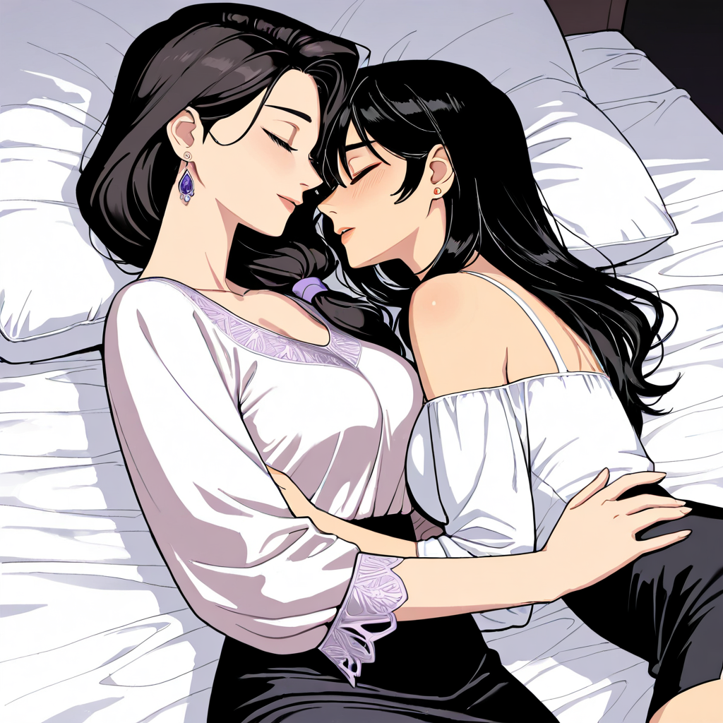 Two women sleeping peacefully in bed embracing each other in white