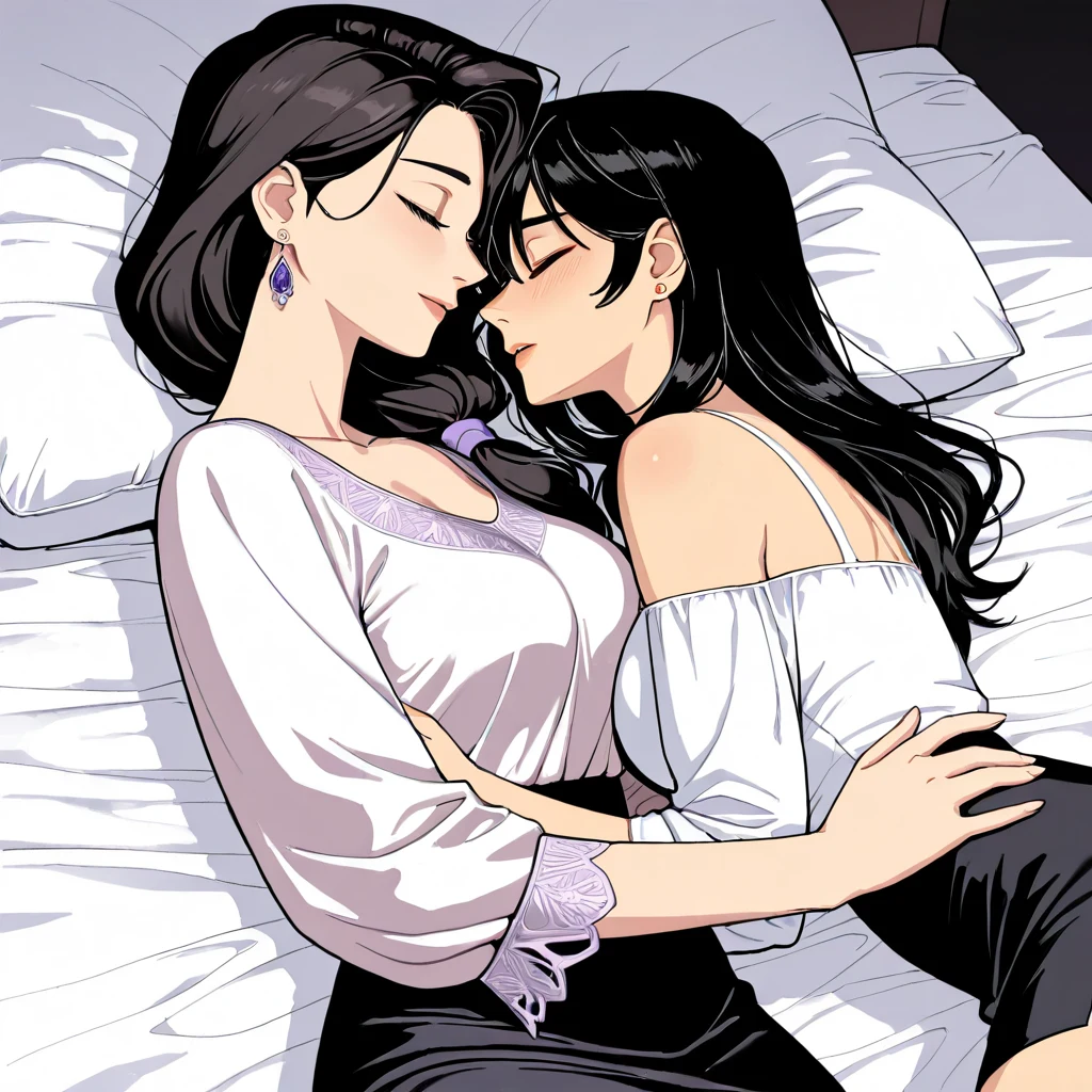 Two women with dark hair rest peacefully in bed embracing each other in soft white linens.