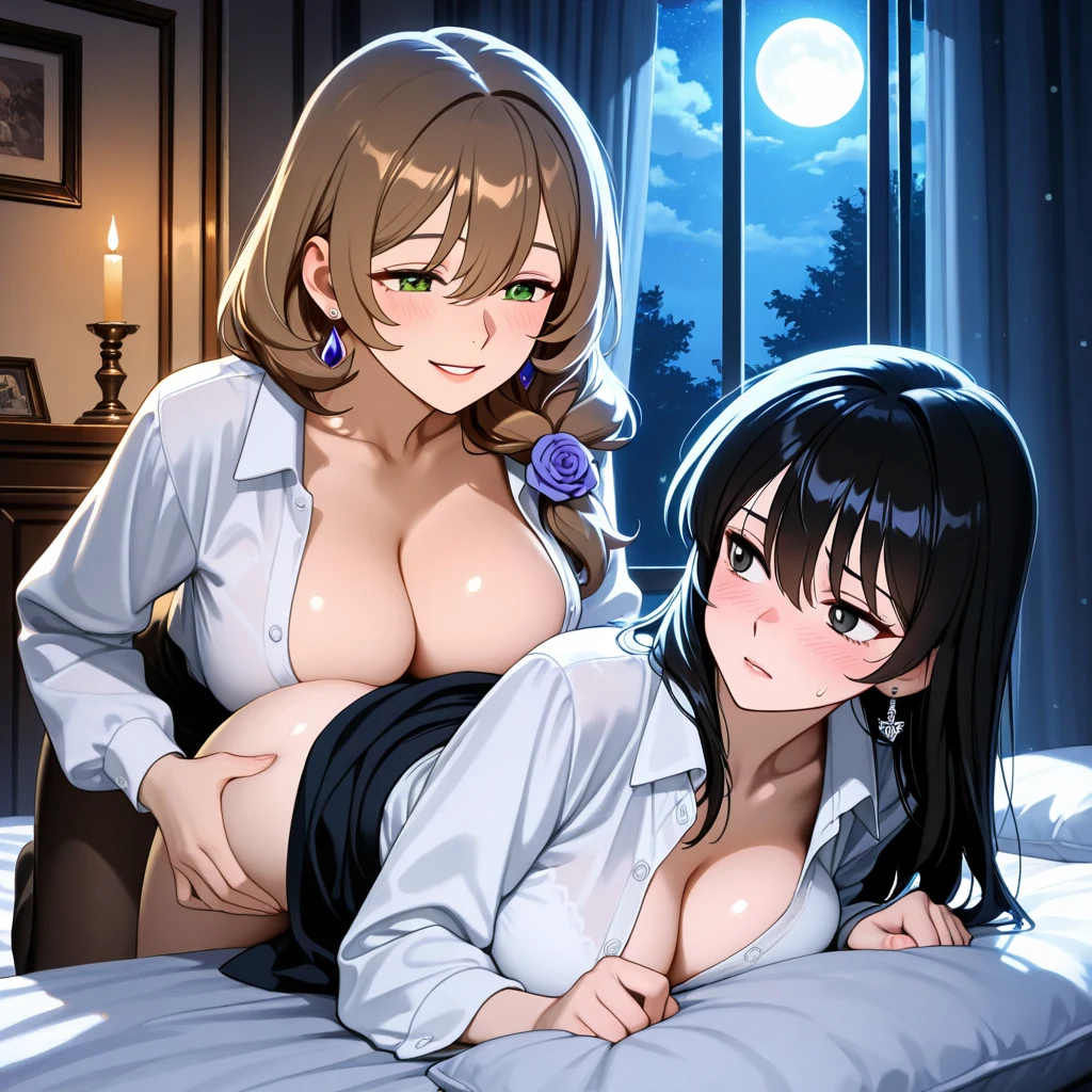 Two anime-style women in white shirts sit on a bed at night with a full moon visible through a window.