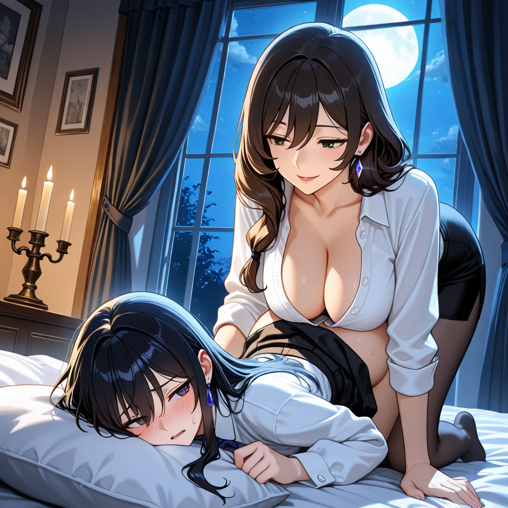 A dark-haired anime girl blushing while sleeping on a bed as a woman