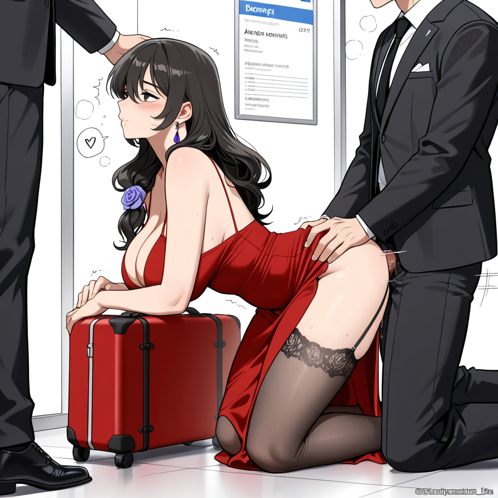 Reunion · Part 1 of 4: Anime woman in red dress kneeling beside red suitcase with two men