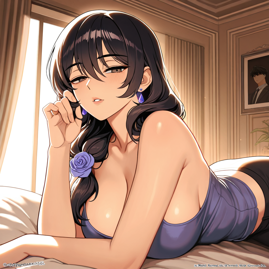 A day together · Part 1 of 4: Anime woman with dark hair and purple rose accessory lounging on a bed