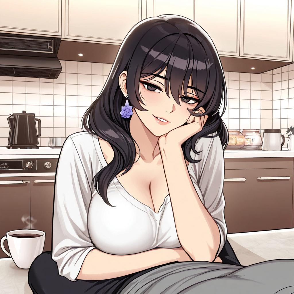 A day together · Part 2 of 4: Young anime woman with black hair and purple earrings resting chin