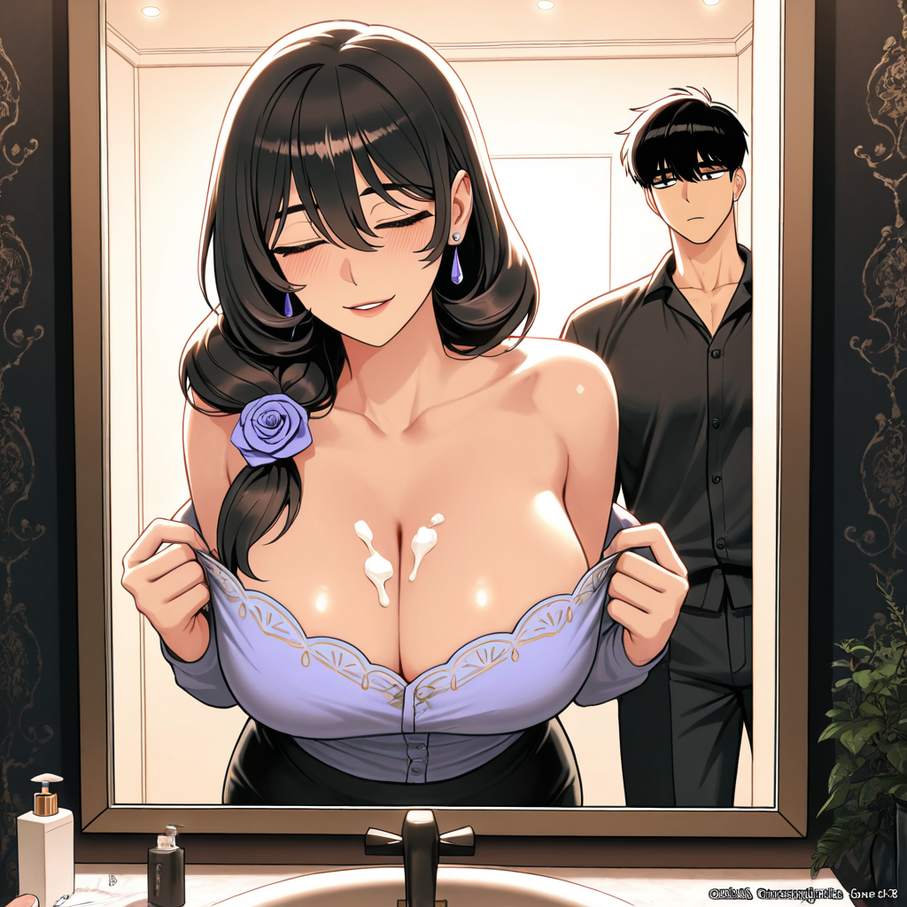 Custom story · Part 1 of 4: Woman removing purple bra in bathroom mirror with man in black shirt