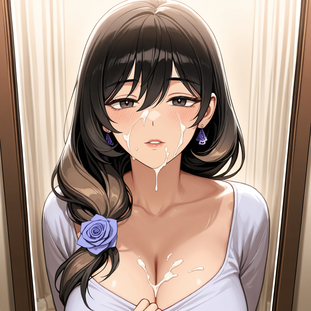 Custom story · Part 4 of 4: Young anime woman crying white liquid with purple rose in hair