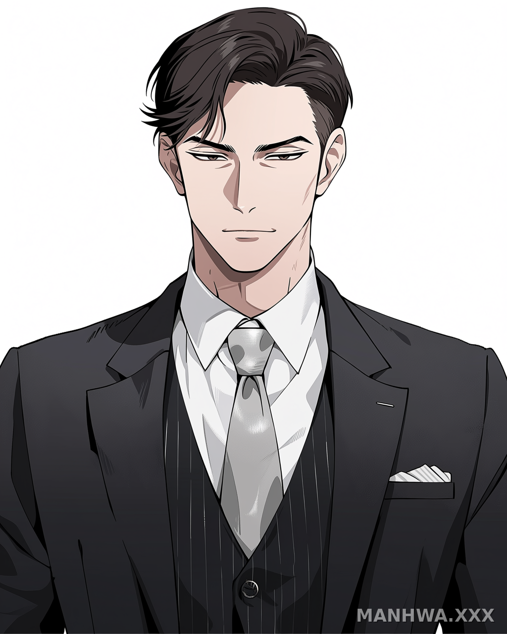 Anime man in formal black pinstripe suit with silver tie and serious
