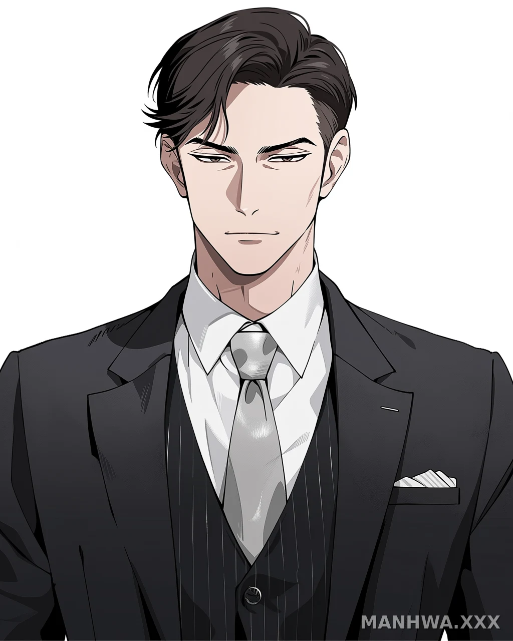 A sharply dressed anime man in a black pinstripe suit white shirt and silver tie stares intensely against a plain white background.