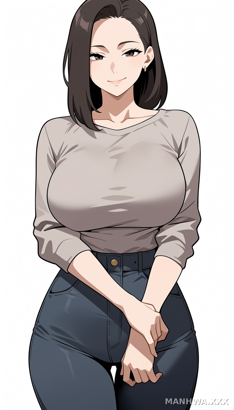 Anime woman with dark hair wearing beige top and dark jeans standing
