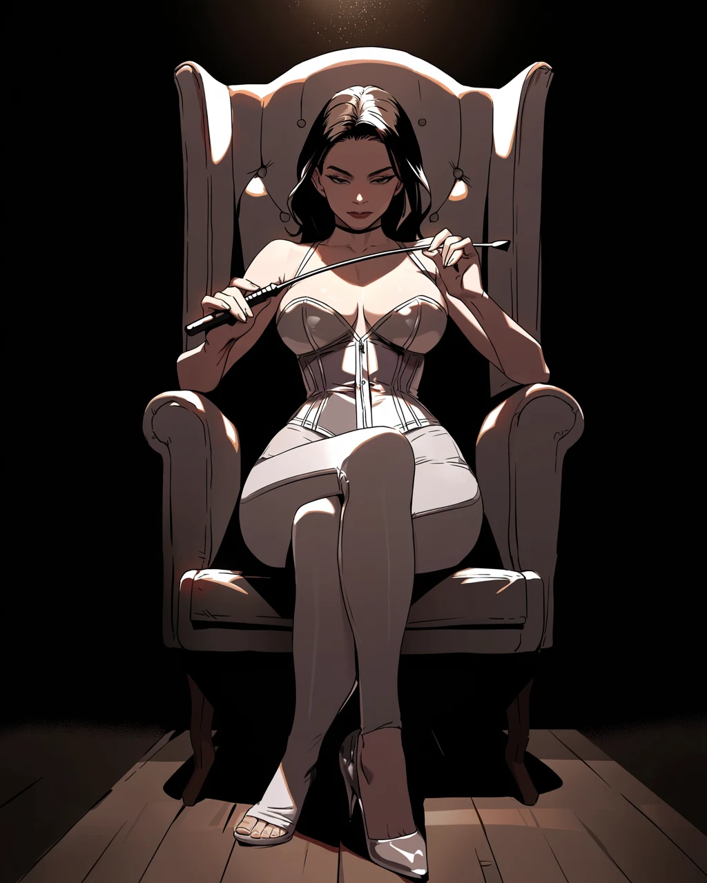 bdsm scene, adult dominatrix in a tailored corset holding a riding crop, seated in a high-backed chair, chiaroscuro lighting, adult submissive kneeling at her feet
