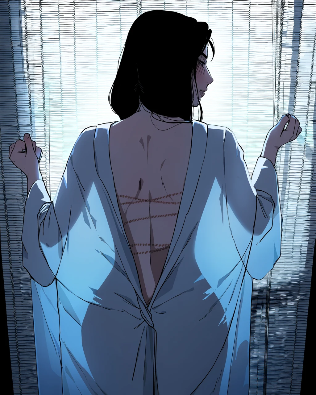 bdsm scene, adult woman in an open silk robe with fading rope marks across her back, morning light through blinds, quiet aftercare