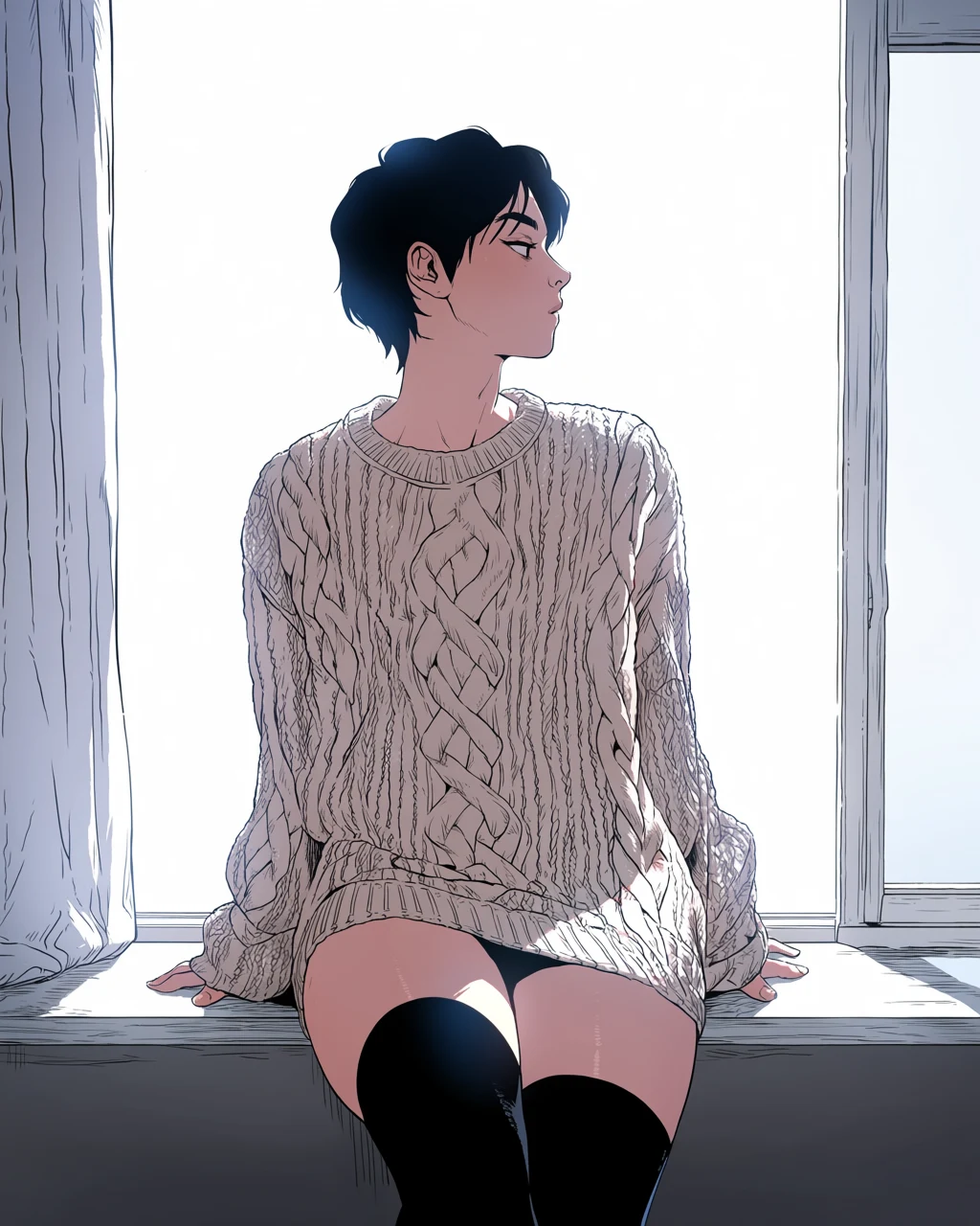 femboy adult character, slim androgynous adult man in an oversized cable knit sweater and thigh-highs, seated on a windowsill in soft morning light