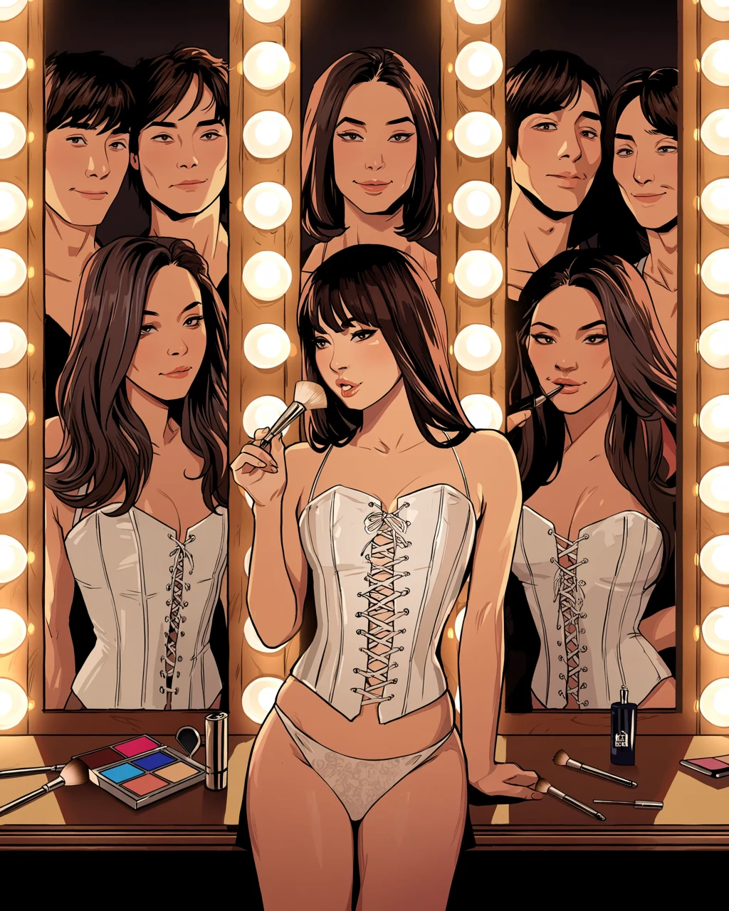 femboy adult character, adult feminine man in a half-laced stage corset at a mirror ringed with bulbs, makeup brushes, warm bulb glow