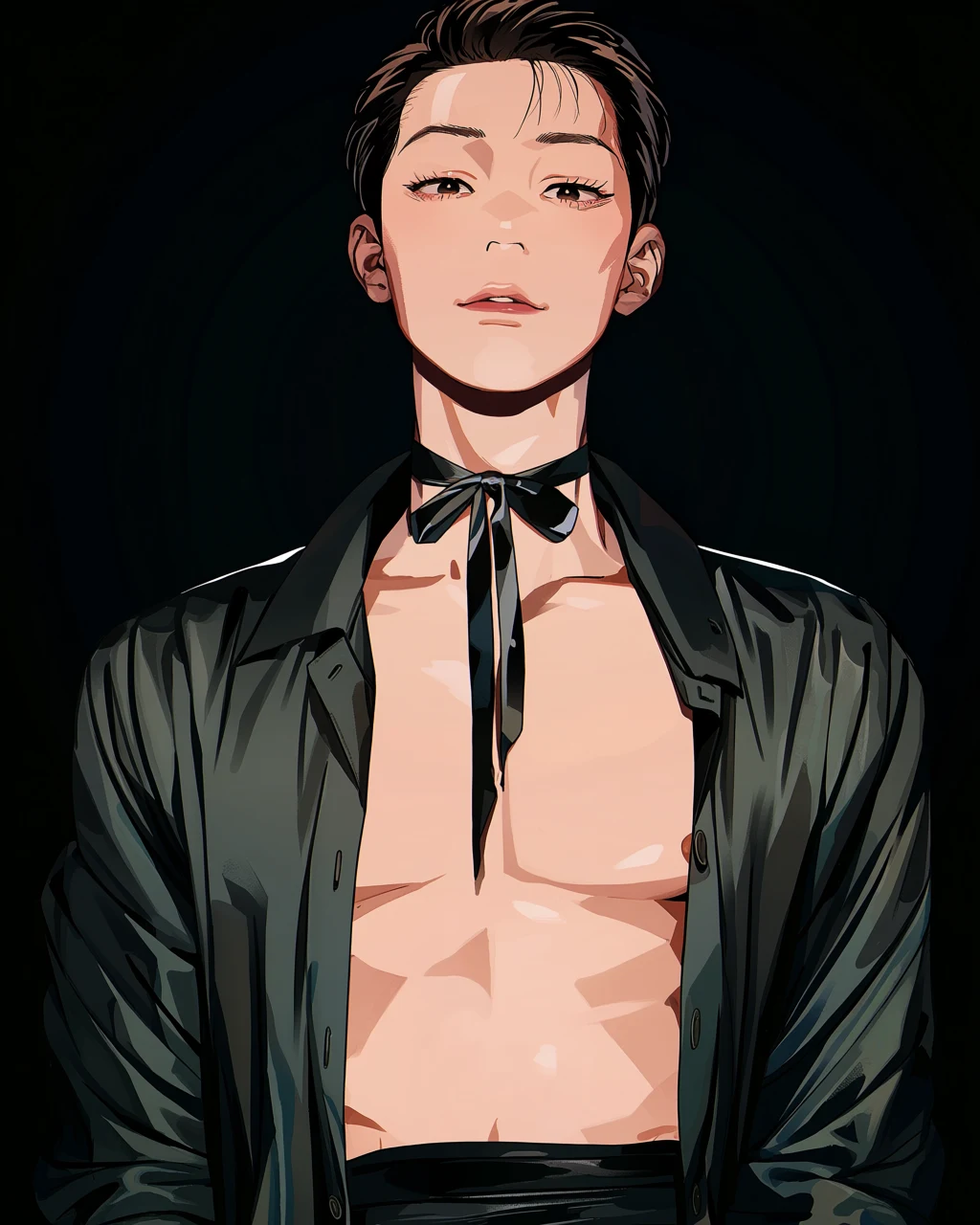 femboy adult character, slim adult man with long lashes in a silk ribbon choker and open satin shirt, dark studio background, single soft key light