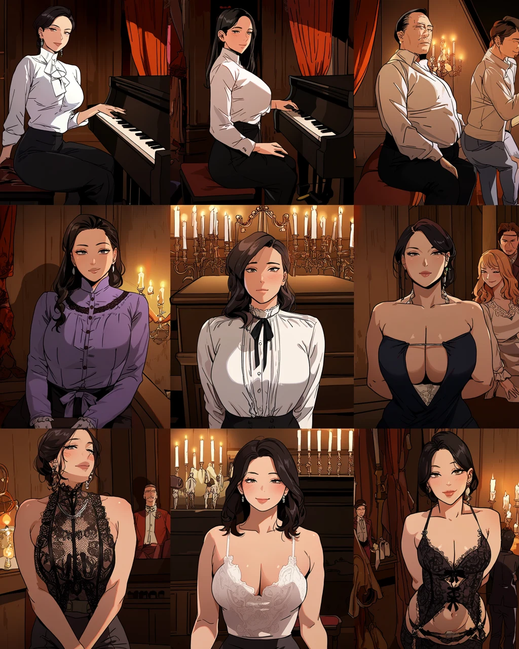 femboy adult character, adult feminine man in a lace-cuffed victorian blouse seated at a piano in a candlelit parlour