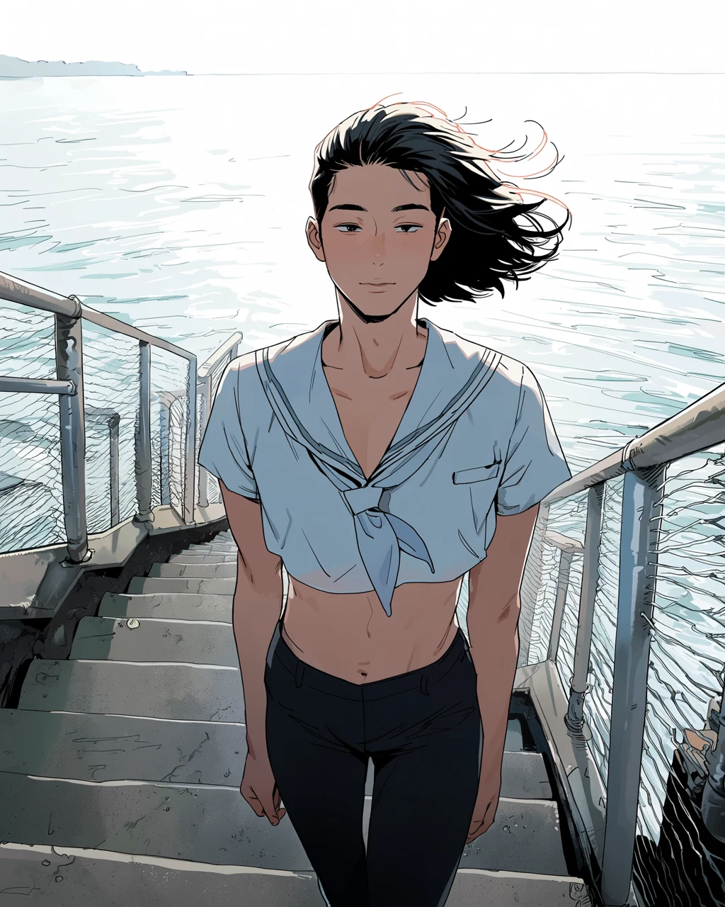 femboy adult character, slim adult man in a loose sailor collar top on a seaside stairway, wind in light hair, bright overcast light