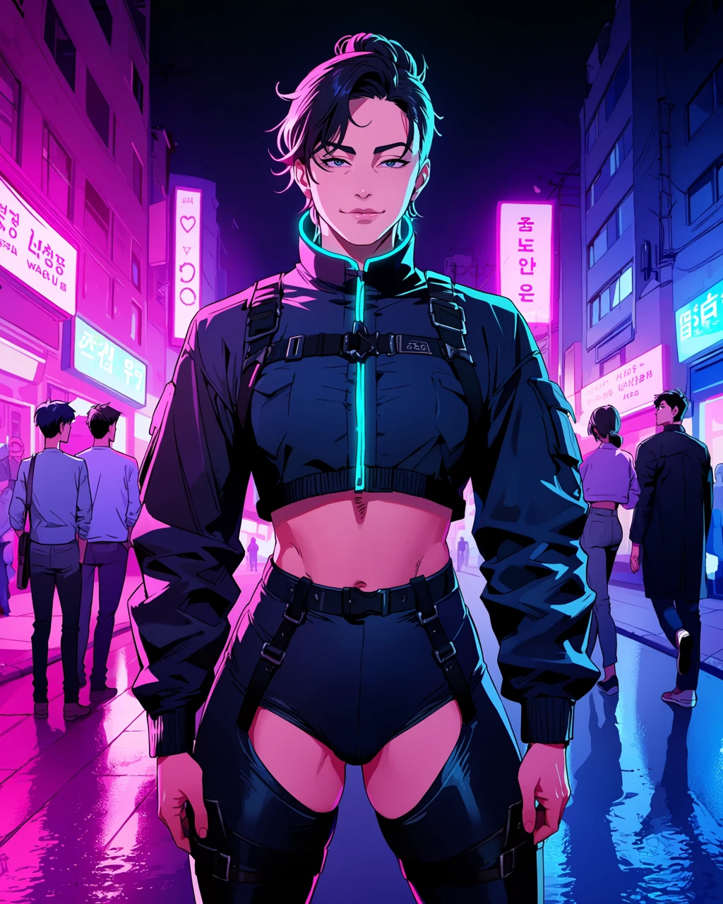 femboy adult character, adult feminine man in a cropped techwear jacket and harness on a neon-soaked street, pink and cyan rim light
