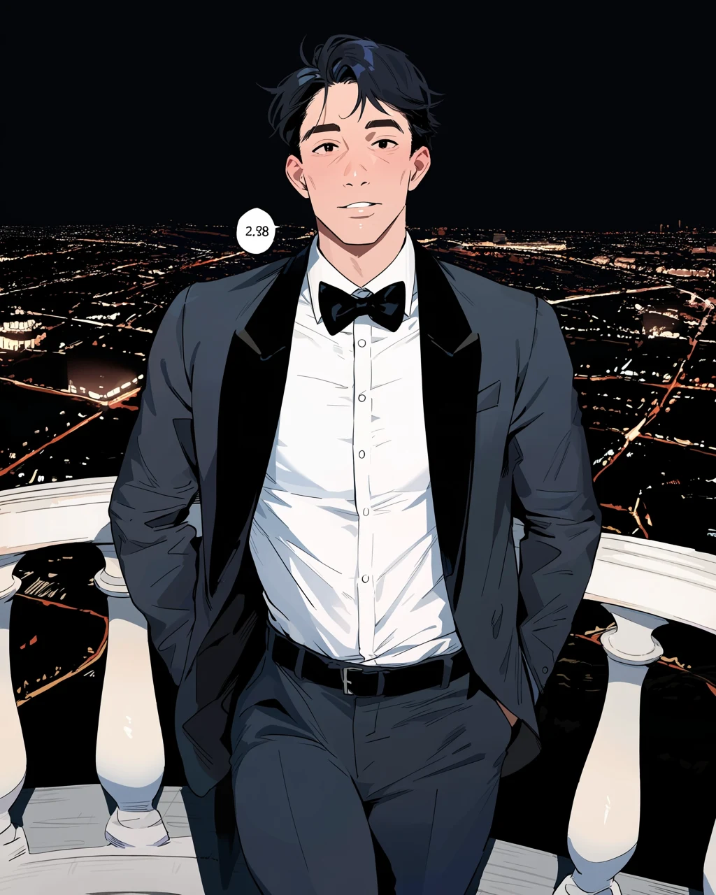 femboy adult character, slim adult man in a loosened tuxedo shirt and undone bow tie on a balcony after a gala, city lights behind