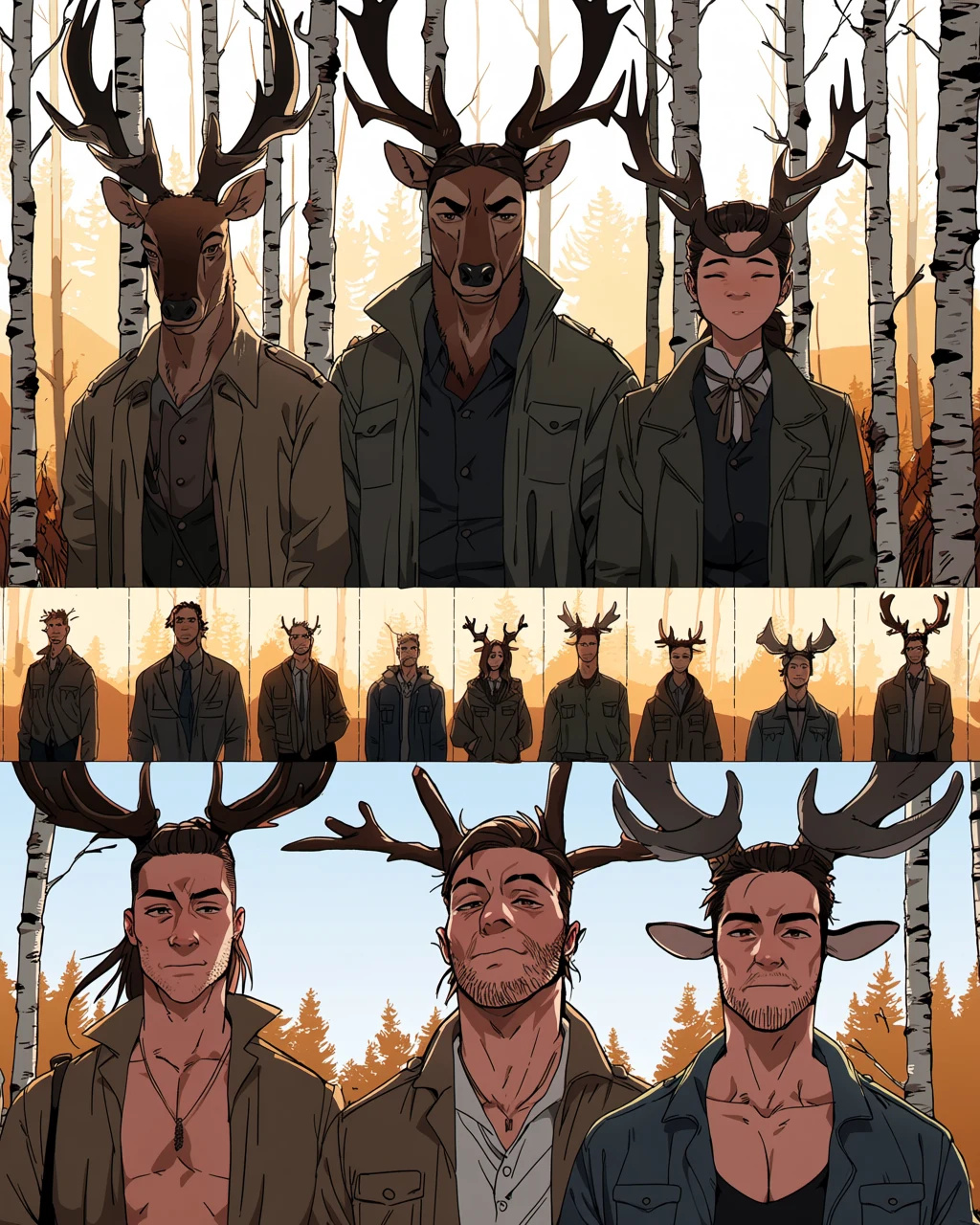 anthro adult character, tall stag anthropomorphic male with dark antlers in an open ranger's coat, standing in autumn birch forest at low sun