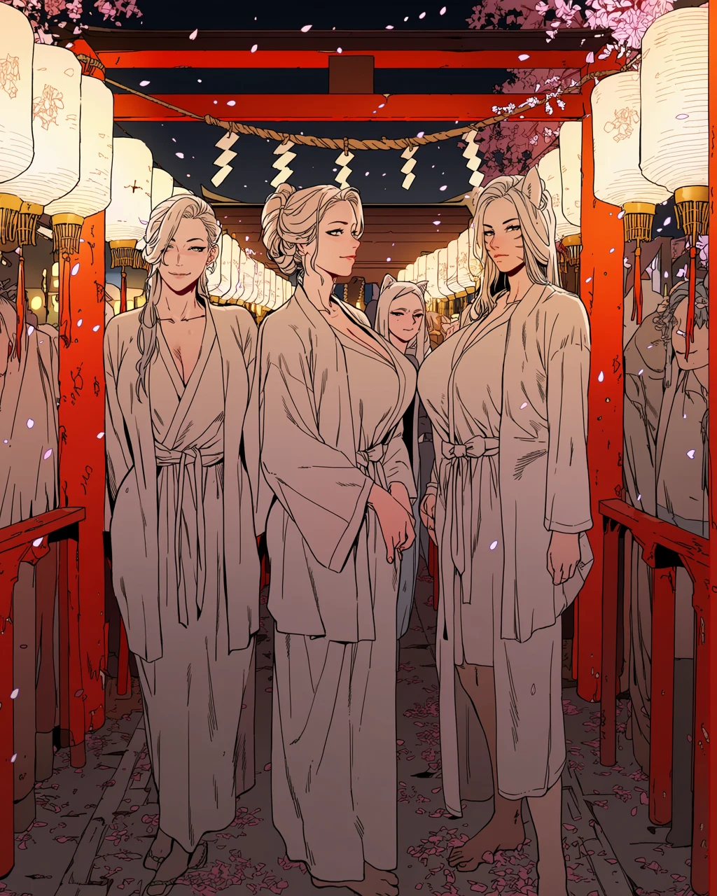 anthro adult character, white fox anthropomorphic female fursona in loosened shrine robes among paper lanterns at night, cherry petals