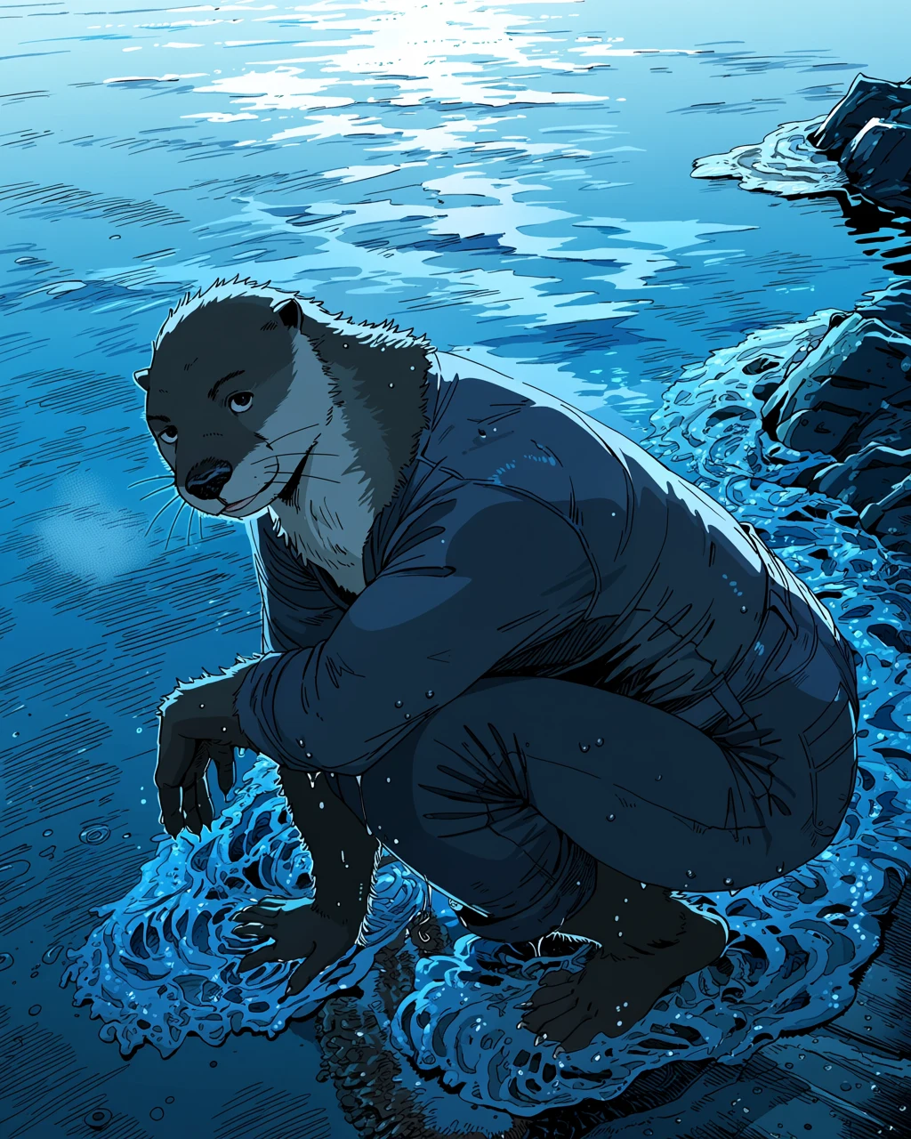anthro adult character, otter anthropomorphic male in rolled wet canvas trousers crouched among coastal tide pools at dawn, wet fur, cold blue light
