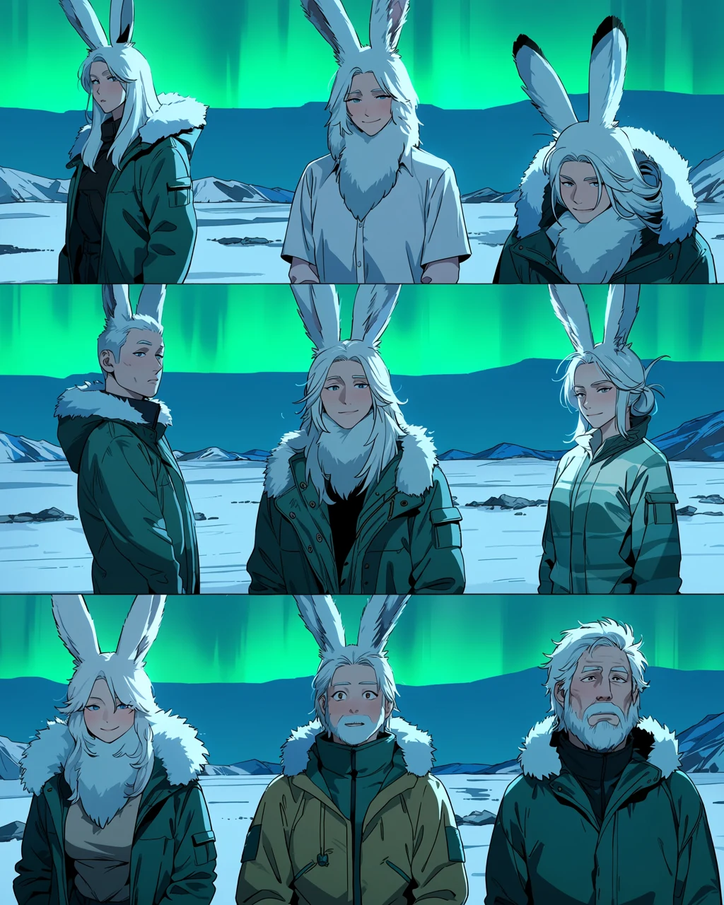 anthro adult character, arctic hare anthropomorphic male in an open fur-lined parka on a frozen ridge under aurora, green sky light on white fur